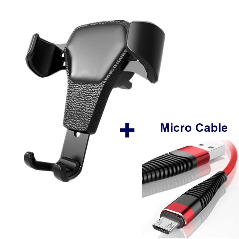 Leather grain gravity mobile phone car holder in black and white, secure and stylish design