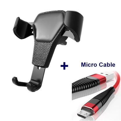 Leather grain gravity mobile phone car holder in black and white, secure and stylish design