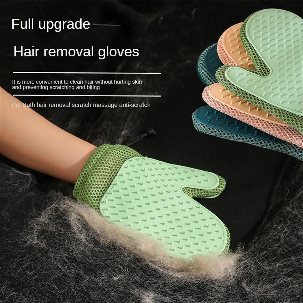 Dark blue mesh pet hair remover glove shown on a hand, with loose pet hair collected on its surface