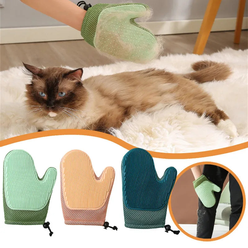 Dark blue mesh pet hair remover glove shown on a hand, with loose pet hair collected on its surface