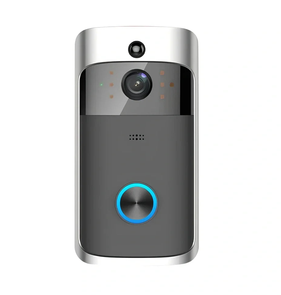 Black wireless video doorbell camera with 166-degree lens, 10m night vision, ABS build, dimensions 7.5x3.3x14.4cm