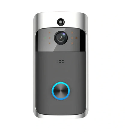 Black wireless video doorbell camera with 166-degree lens, 10m night vision, ABS build, dimensions 7.5x3.3x14.4cm