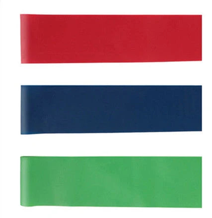 Set of five colour-coded resistance bands for yoga and fitness training, with storage bag