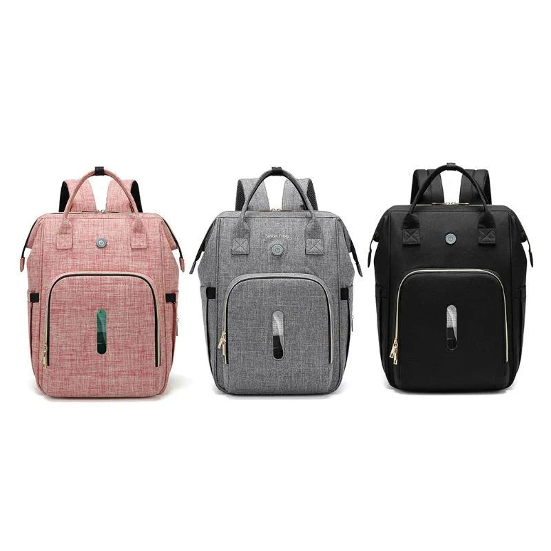 Sterilizing mother and baby bag in pink, black, and dark grey with milk bottle compartment