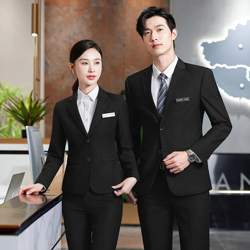 Men's and women's polyester work suit with long-sleeve jacket and trousers or skirt in black colour option