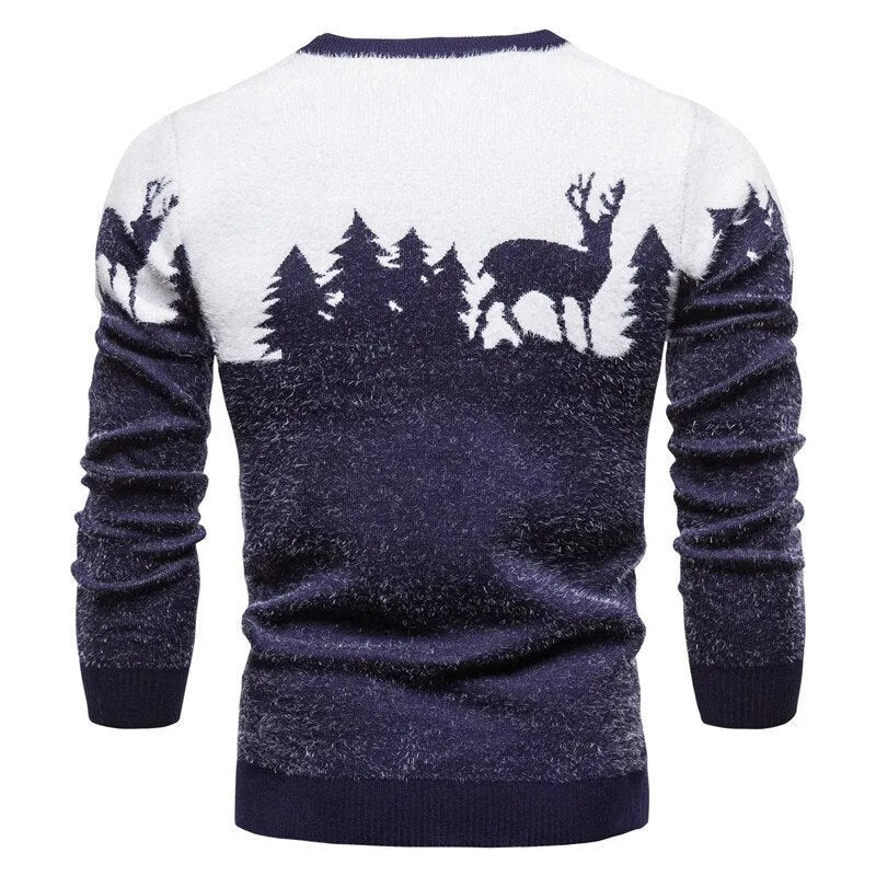 Christmas deer sweater in slim fit with colour block design in red, black, and navy blue