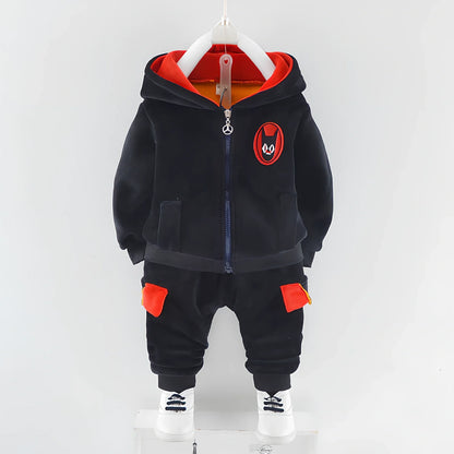 Navy blue velvet round bear three-piece cotton winter pantsuit for children heights 66-120cm, thickened for warmth