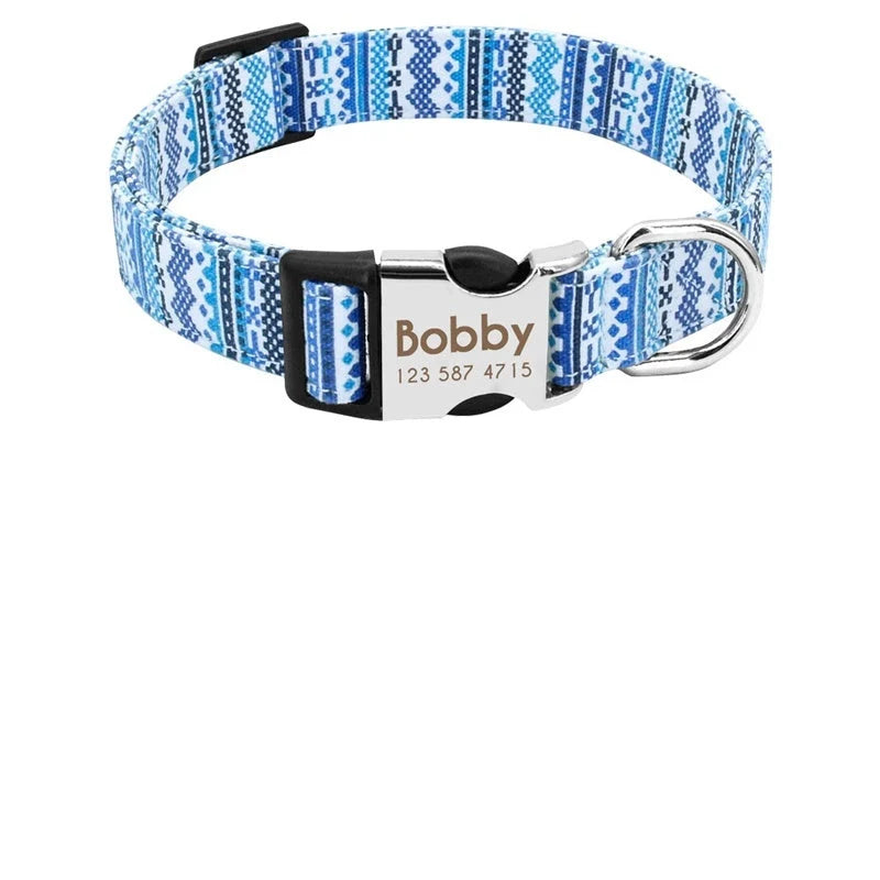 Custom dog collar with engraved tag in vibrant colours, adjustable for medium to large breeds