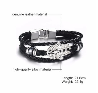 Alloy lucky figure 8 leather bracelet with adjustable leather strap and stainless steel accents