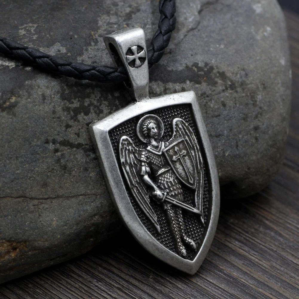 Saint Michael Archangel Pendant Necklace in ancient silver and bronze finishes with detailed cartoon character design