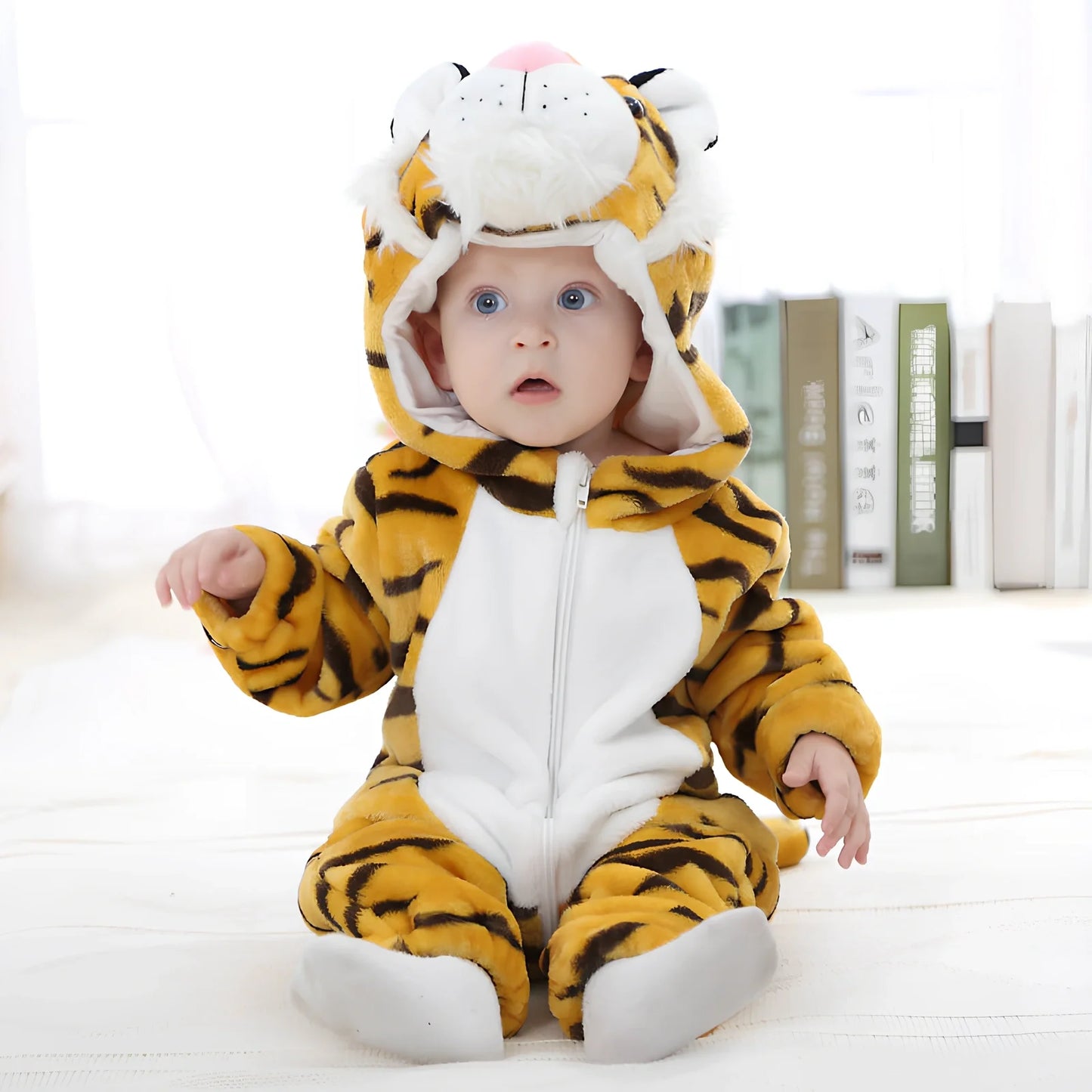 Cotton flannel baby romper with animal print design for winter wear, showing reinforced stitching and soft fabric texture