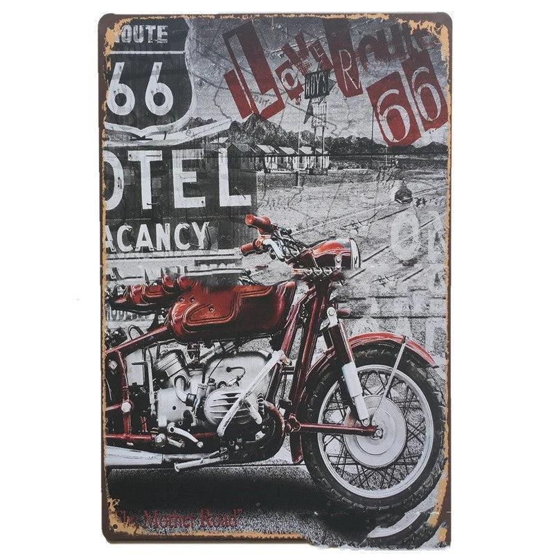 Retro tin painting metal crafts with car and motorcycle patterns in vibrant colours