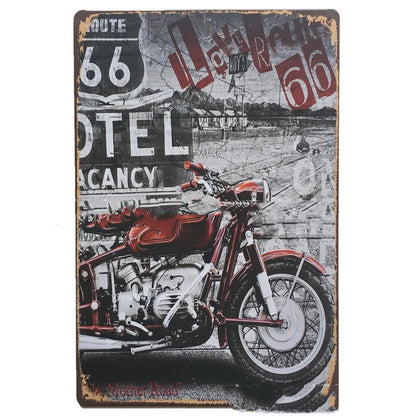Retro tin painting metal crafts with car and motorcycle patterns in vibrant colours