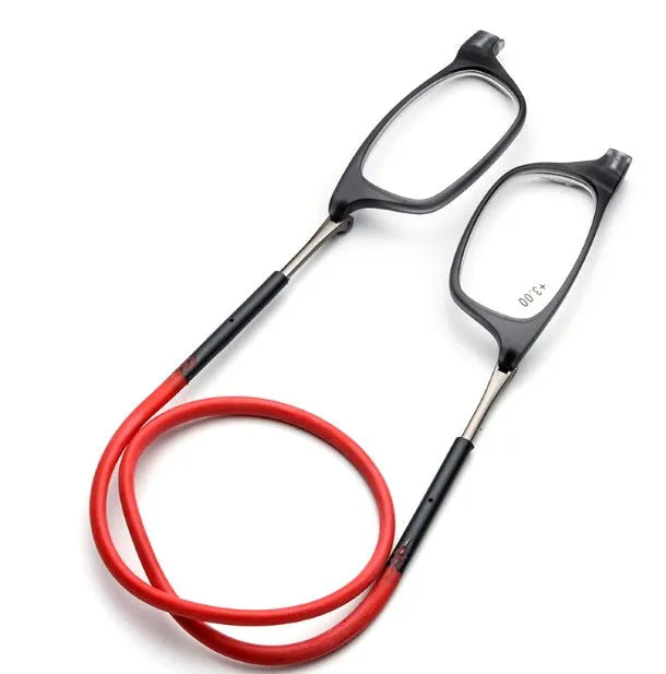 Portable magnetic reading glasses in pure titanium full frame with gray frame and red legs, adjustable neck hang design