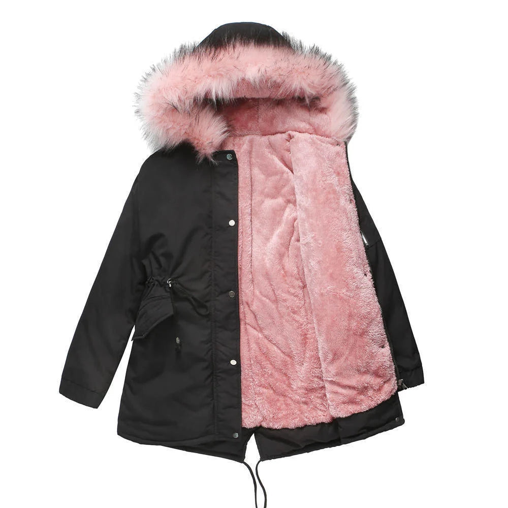 Mid-length hooded parka in various colours, featuring cotton padding for warmth