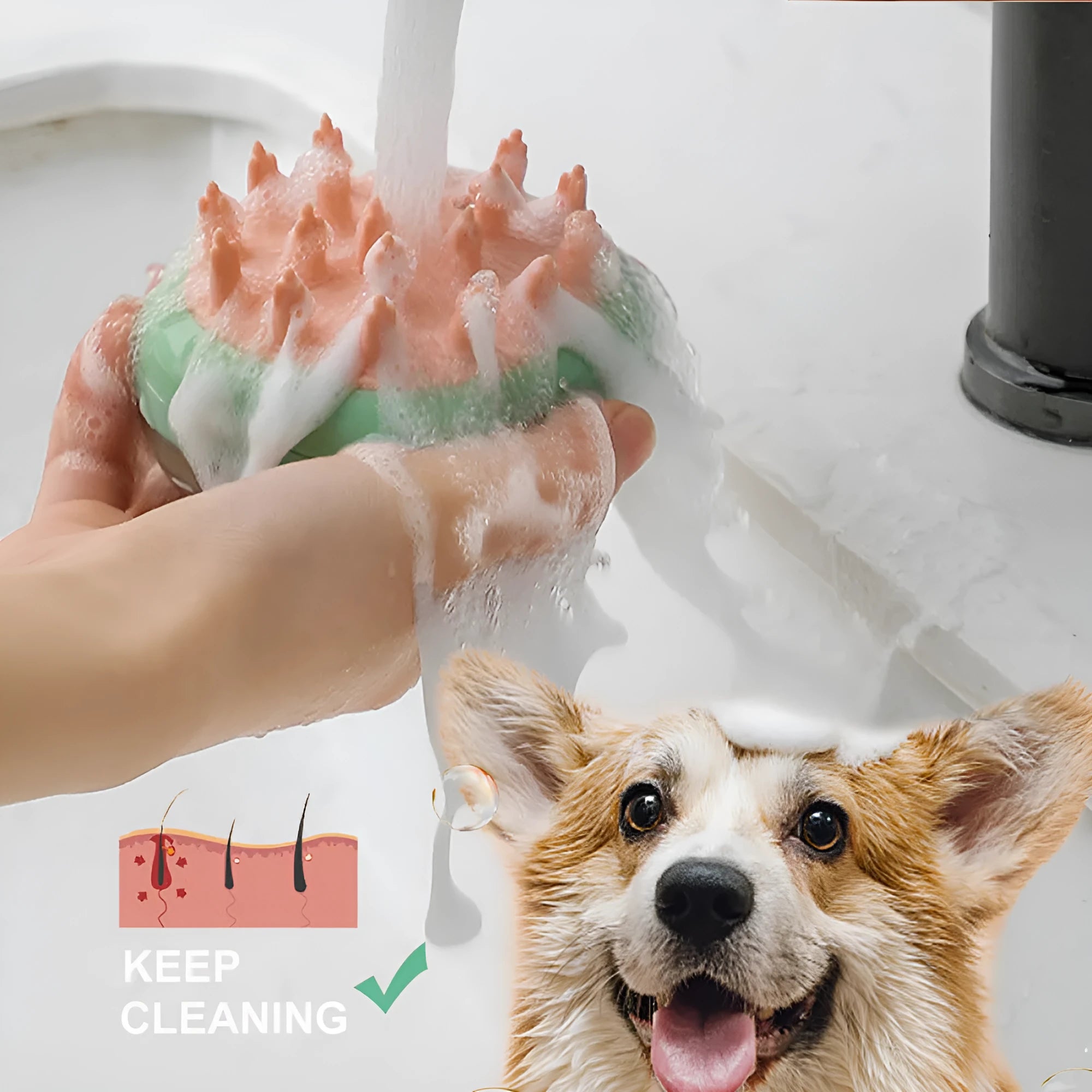 Blue pet bathing brush with shampoo dispenser and silicone bristles for cats and dogs