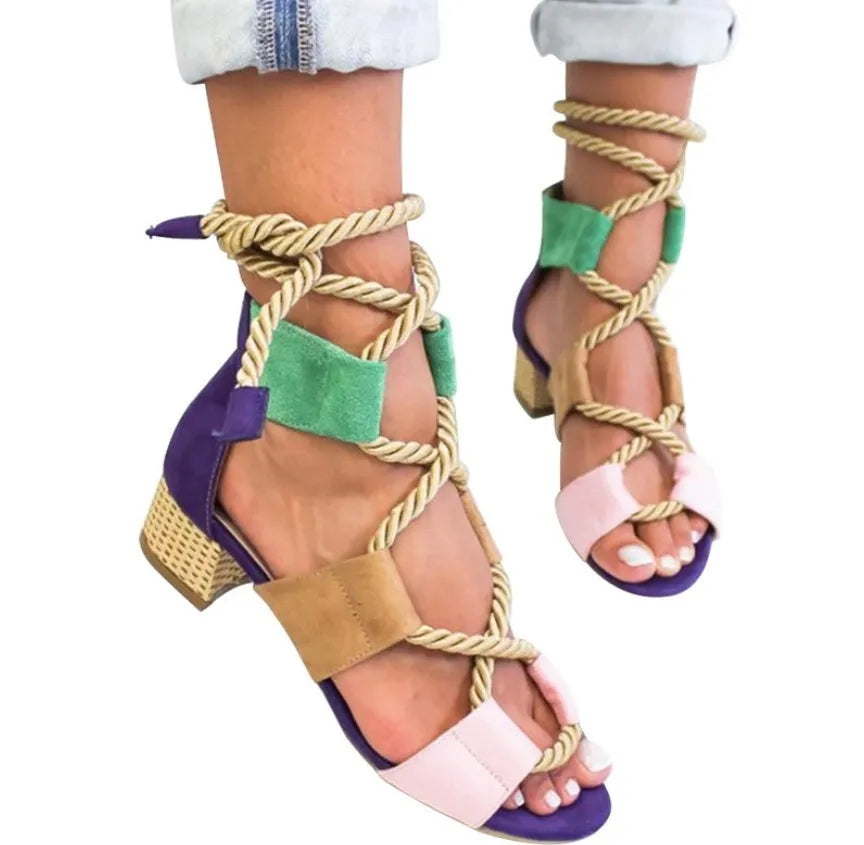Women's suede sandals with thick heel, round head, and colour matching design in multiple colour options