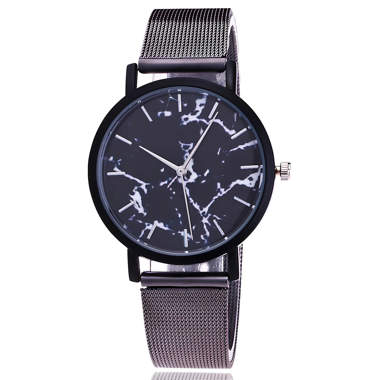 Vansvar women's quartz watch with black marble dial, silver mesh steel band, 3.9 cm diameter, slim 0.9 cm thick for casual wear