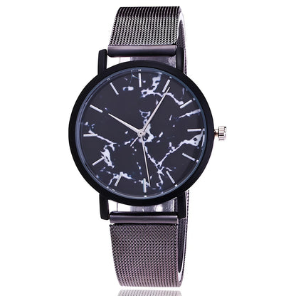 Vansvar women's quartz watch with black marble dial, silver mesh steel band, 3.9 cm diameter, slim 0.9 cm thick for casual wear