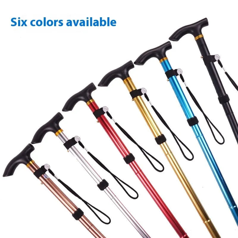 Adjustable aluminium folding walking stick in a selected colour, shown extended and folded.