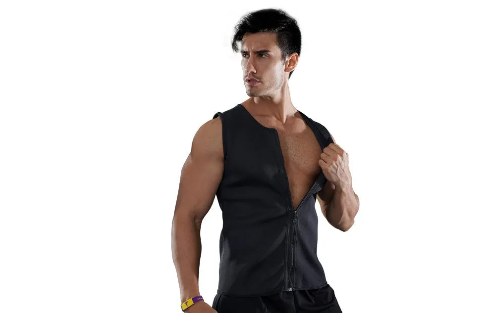 Black fitness sweat zipper vest with front zip, made from chlorinated fibre, shown on a model