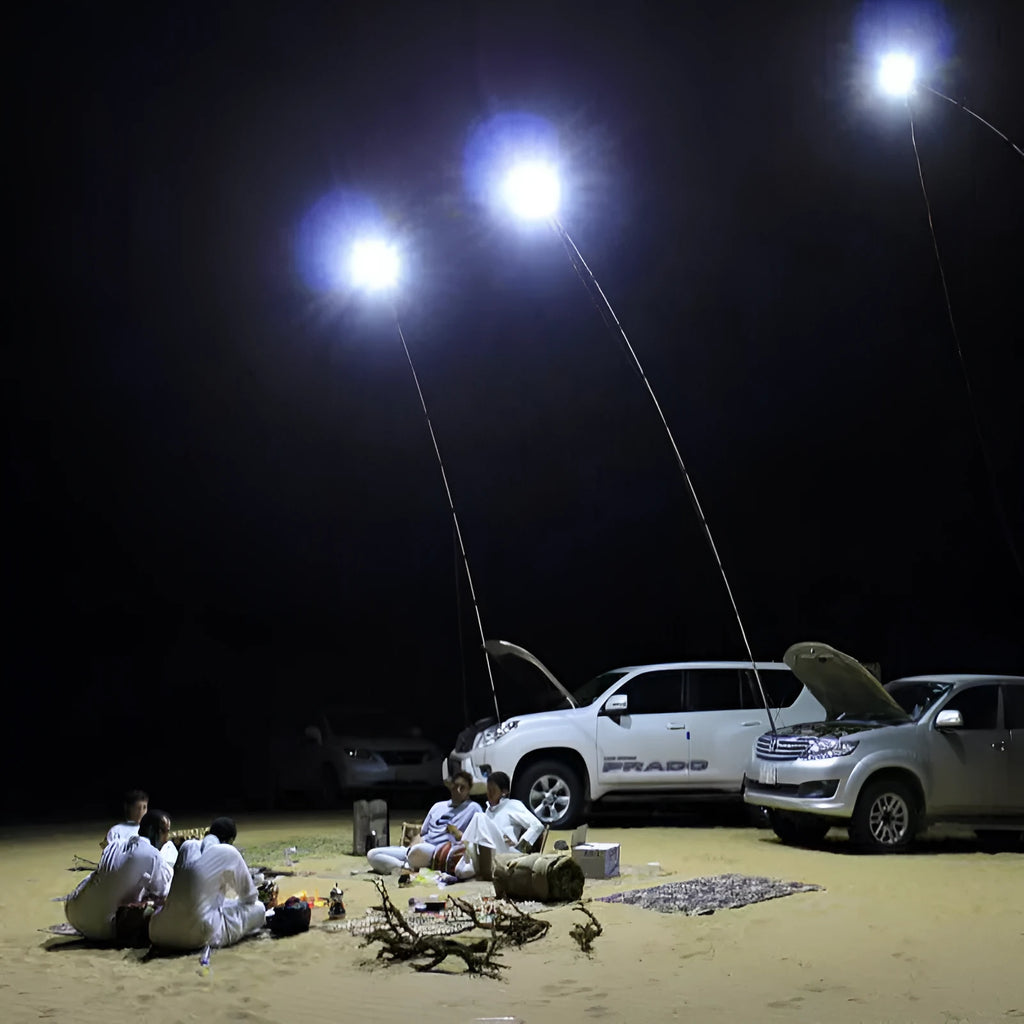 White LED fishing rod light unit with telescopic pole and remote control for outdoor use