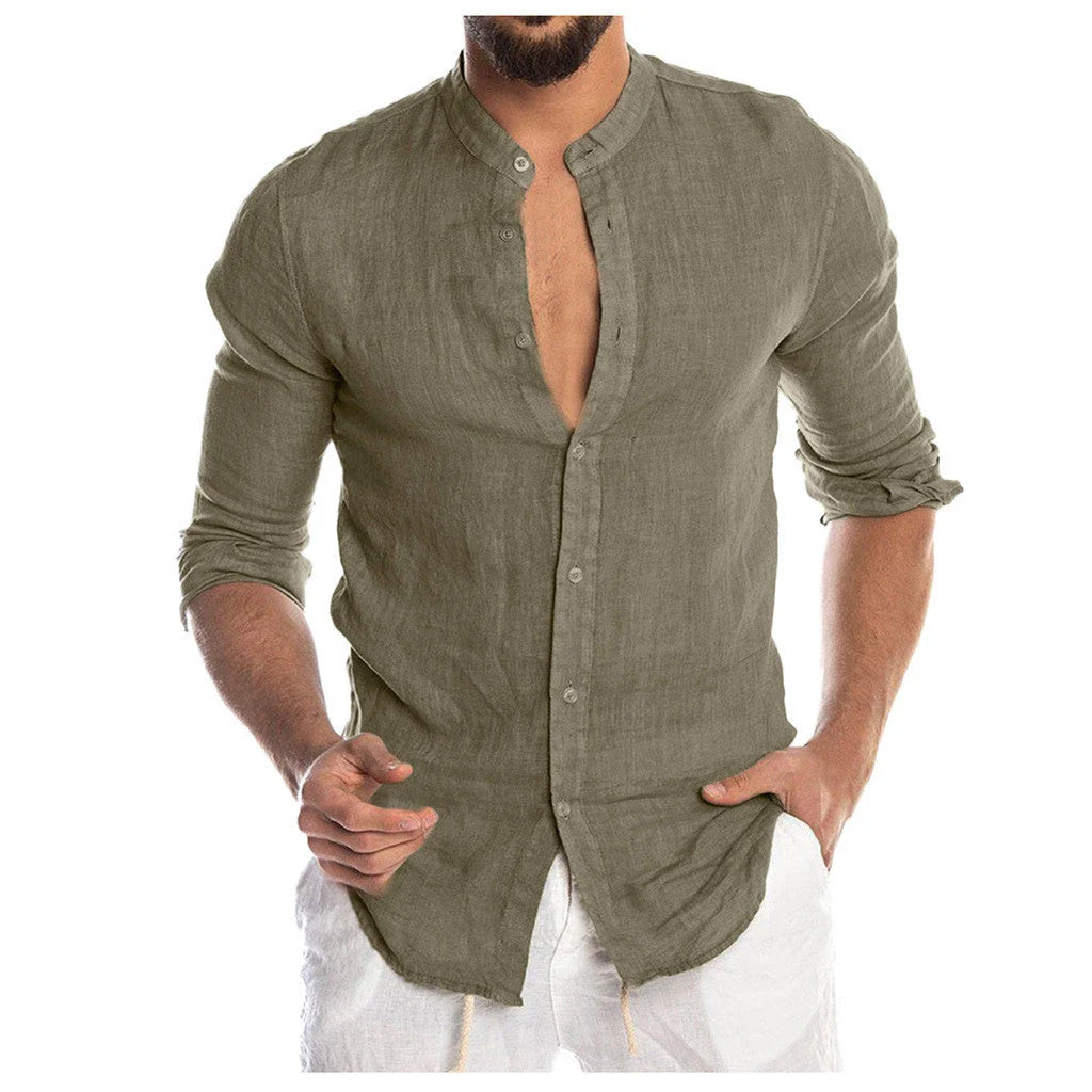 Versatile linen-blend dress shirt for men in a range of classic colors, including white, black, navy, and khaki