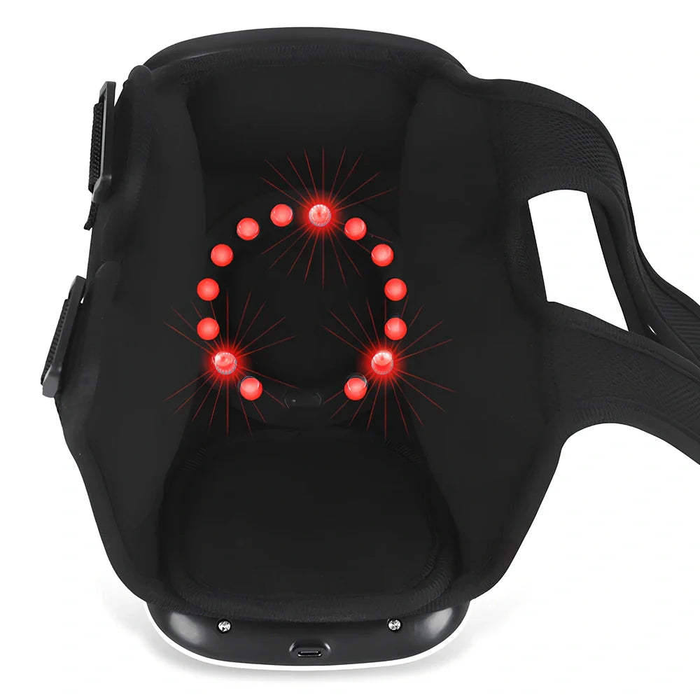 Smart knee massager with adjustable straps and LED display showing intensity levels