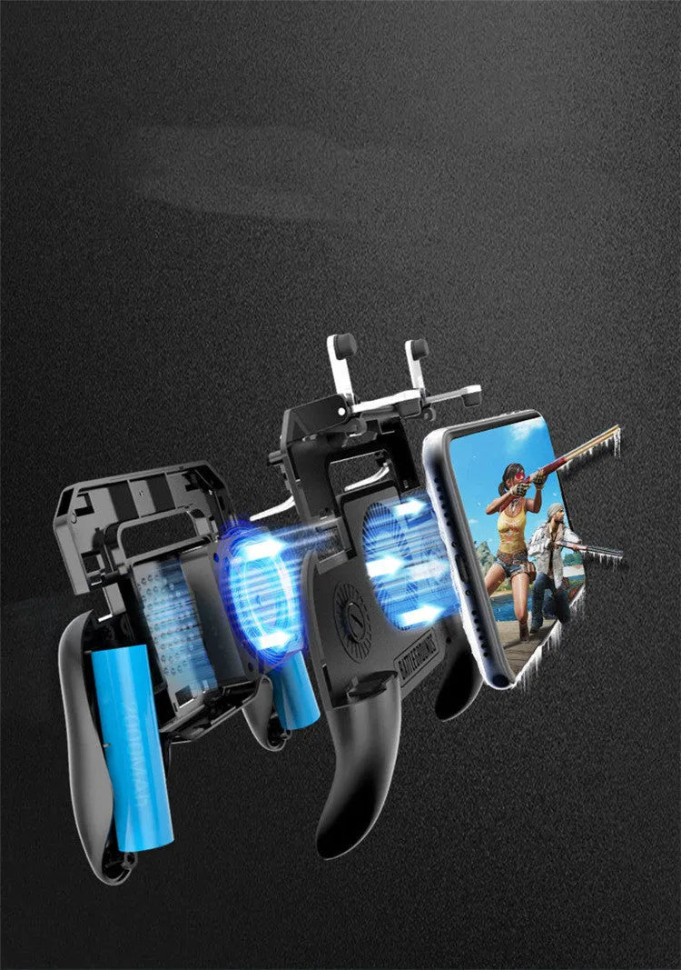 Black USB mobile game controller for smartphones with aluminium alloy frame on a table.
