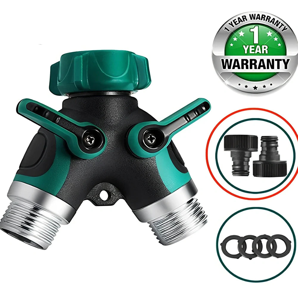 Green Y-type double-pass splitter, 94x91x55mm plastic body with zinc alloy outlets and seals for garden hose connections