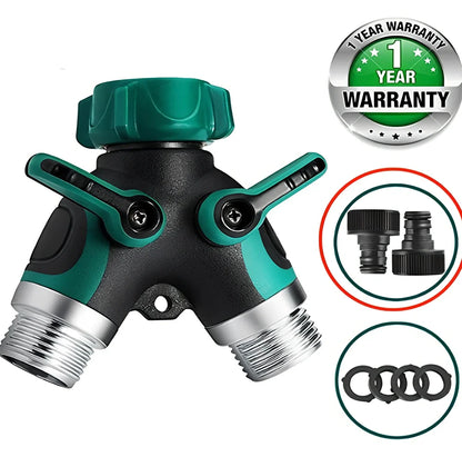 Green Y-type double-pass splitter, 94x91x55mm plastic body with zinc alloy outlets and seals for garden hose connections