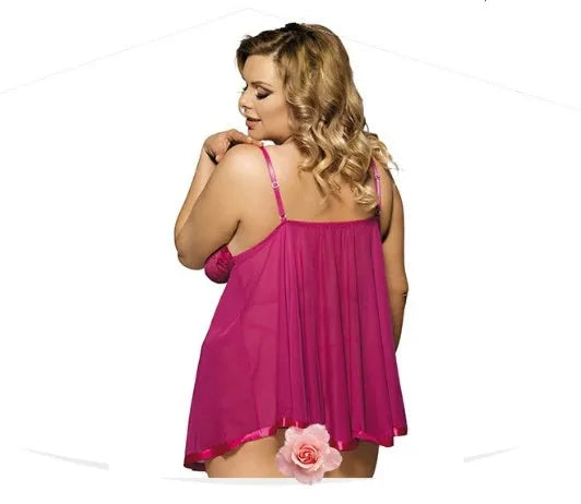 Women's purple lace and mesh sleeveless sleepdress lingerie on a hanger.