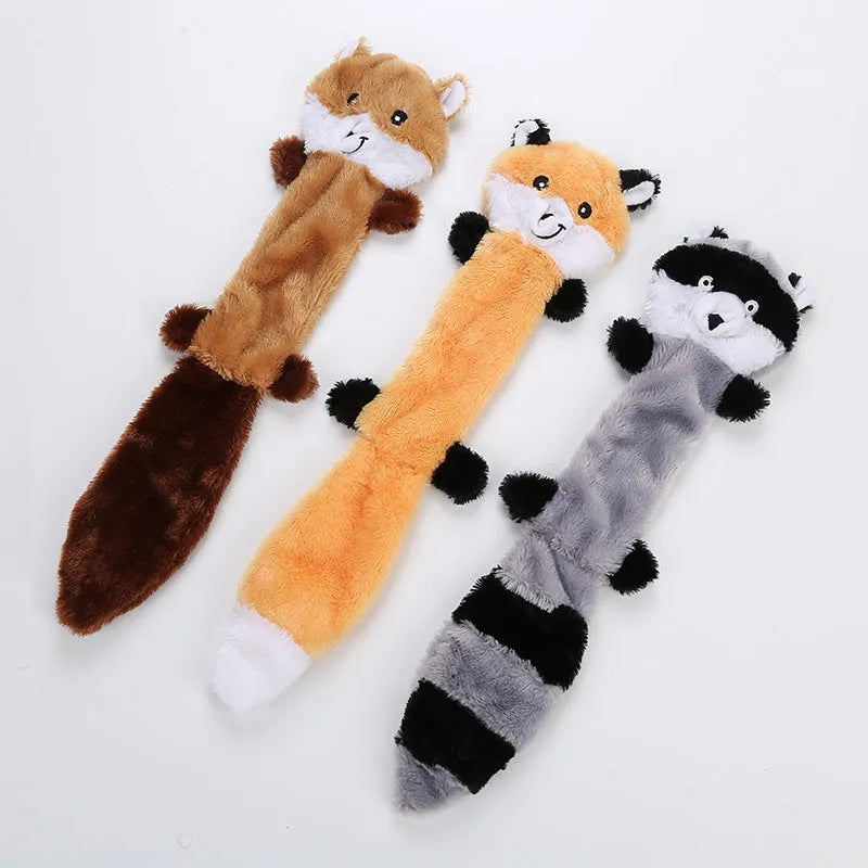 46cm plush dog toy with squeaker in brown, carrot, grey, or yellow colour options