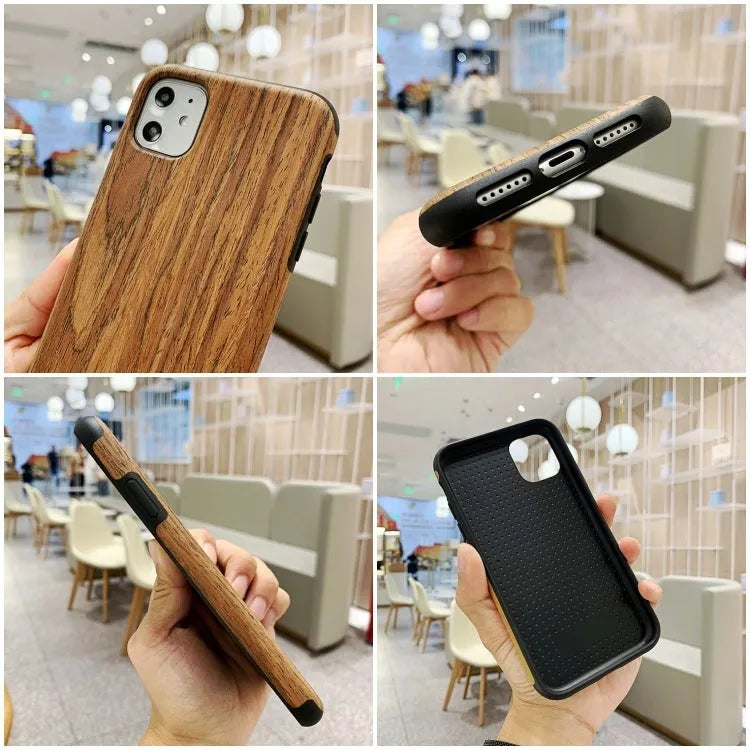 Slim wooden iPhone back cover case in a natural rosewood woodgrain finish.