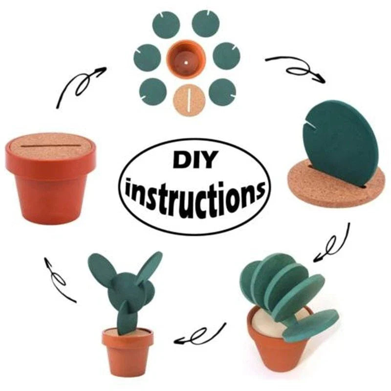 Green cactus-shaped coaster mat set with flowerpot holder for table protection and decoration