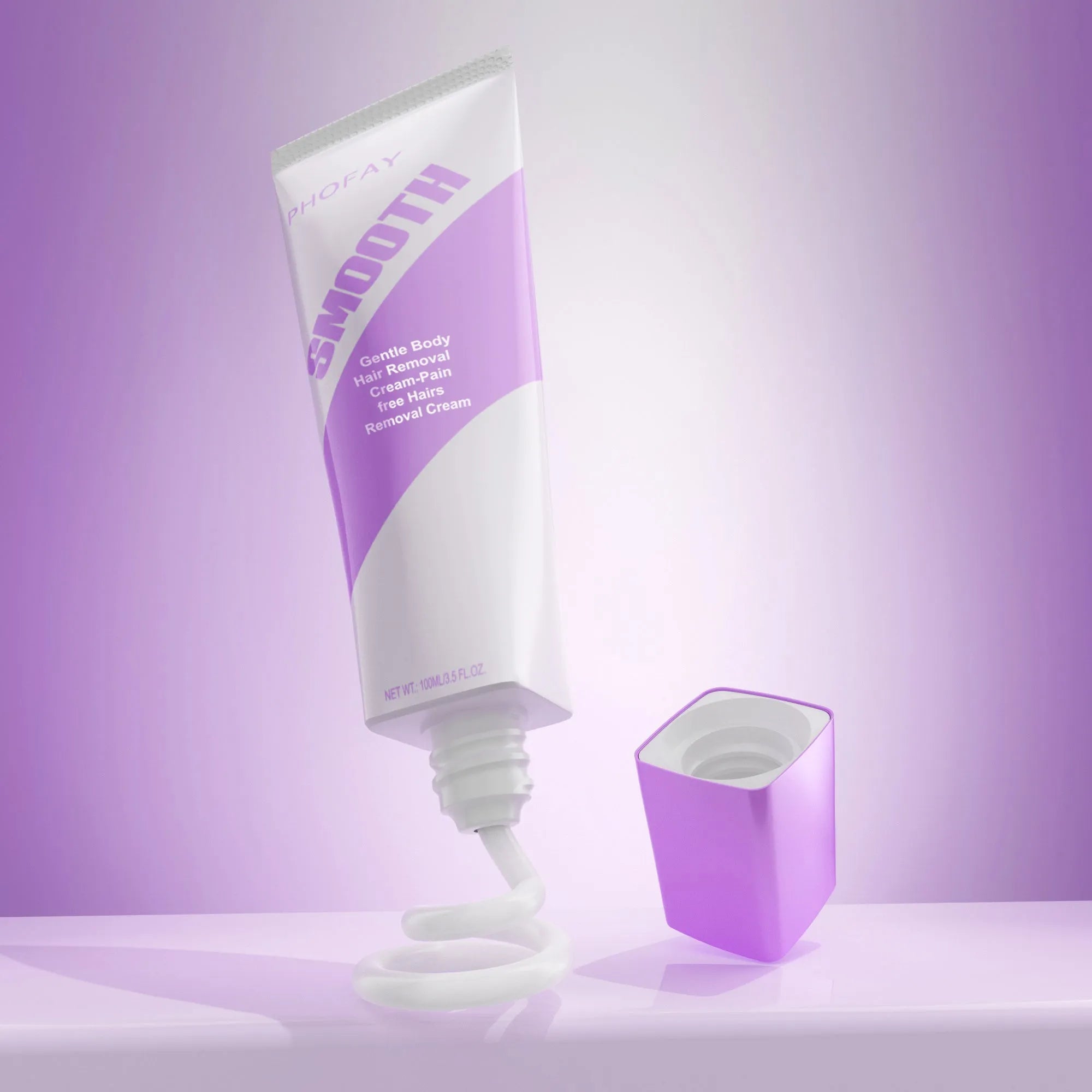 PHOFAY painless hair removal cream tube and included plastic scraper tool on a bathroom surface.