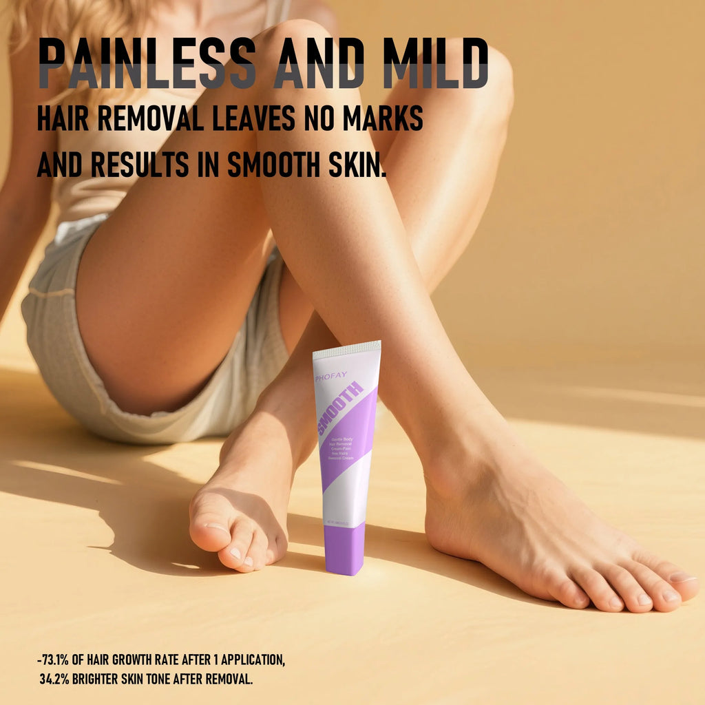 PHOFAY painless hair removal cream tube and included plastic scraper tool on a bathroom surface.