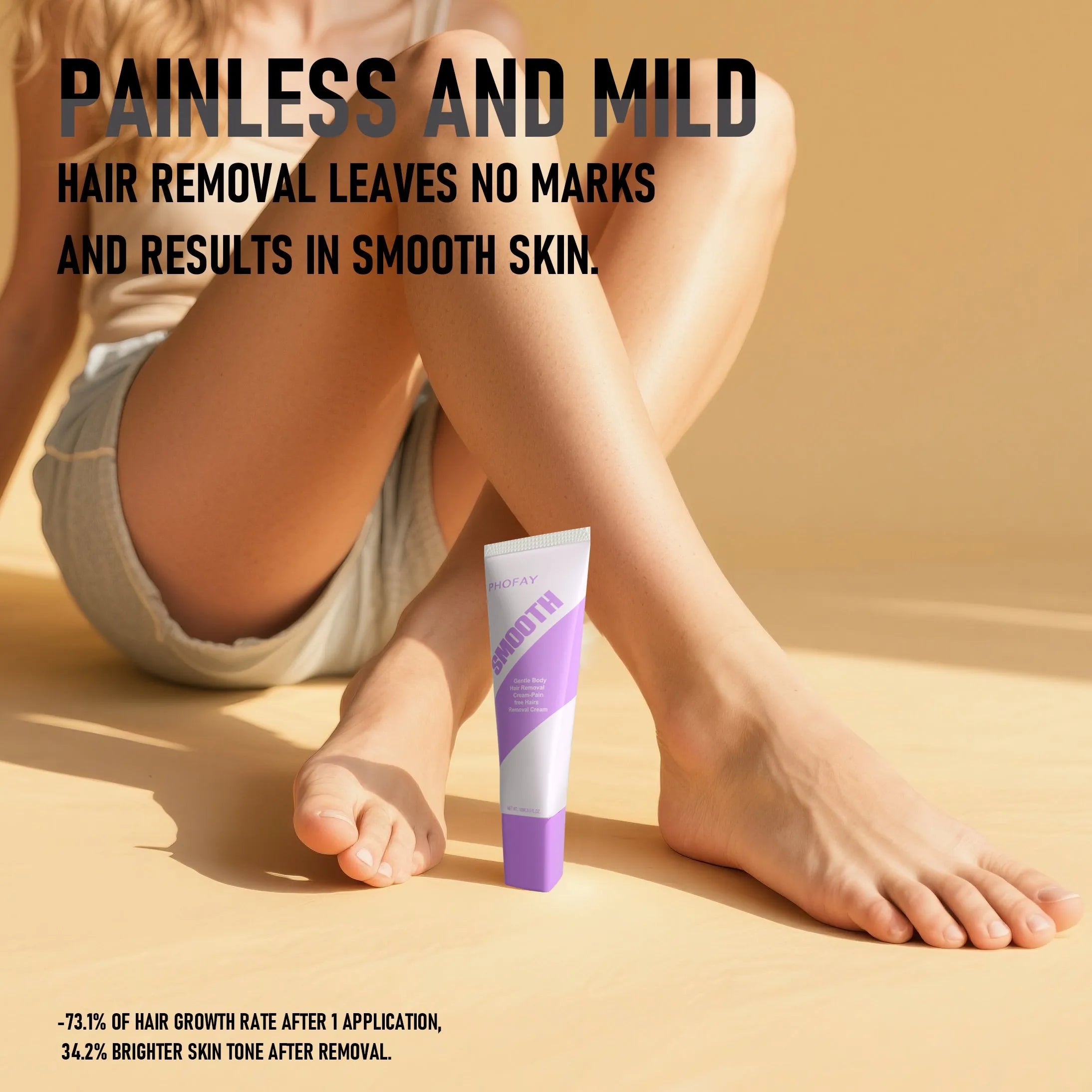 PHOFAY painless hair removal cream tube and included plastic scraper tool on a bathroom surface.