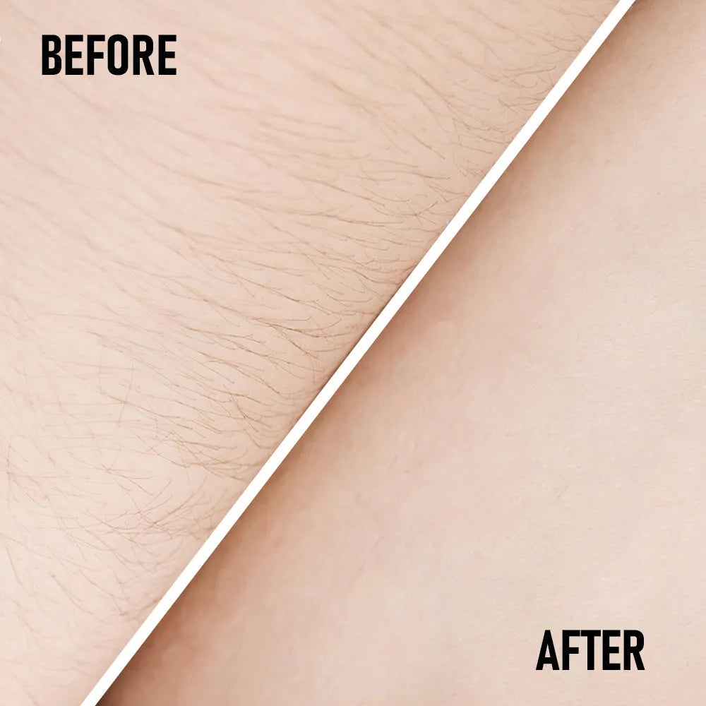 PHOFAY painless hair removal cream tube and included plastic scraper tool on a bathroom surface.