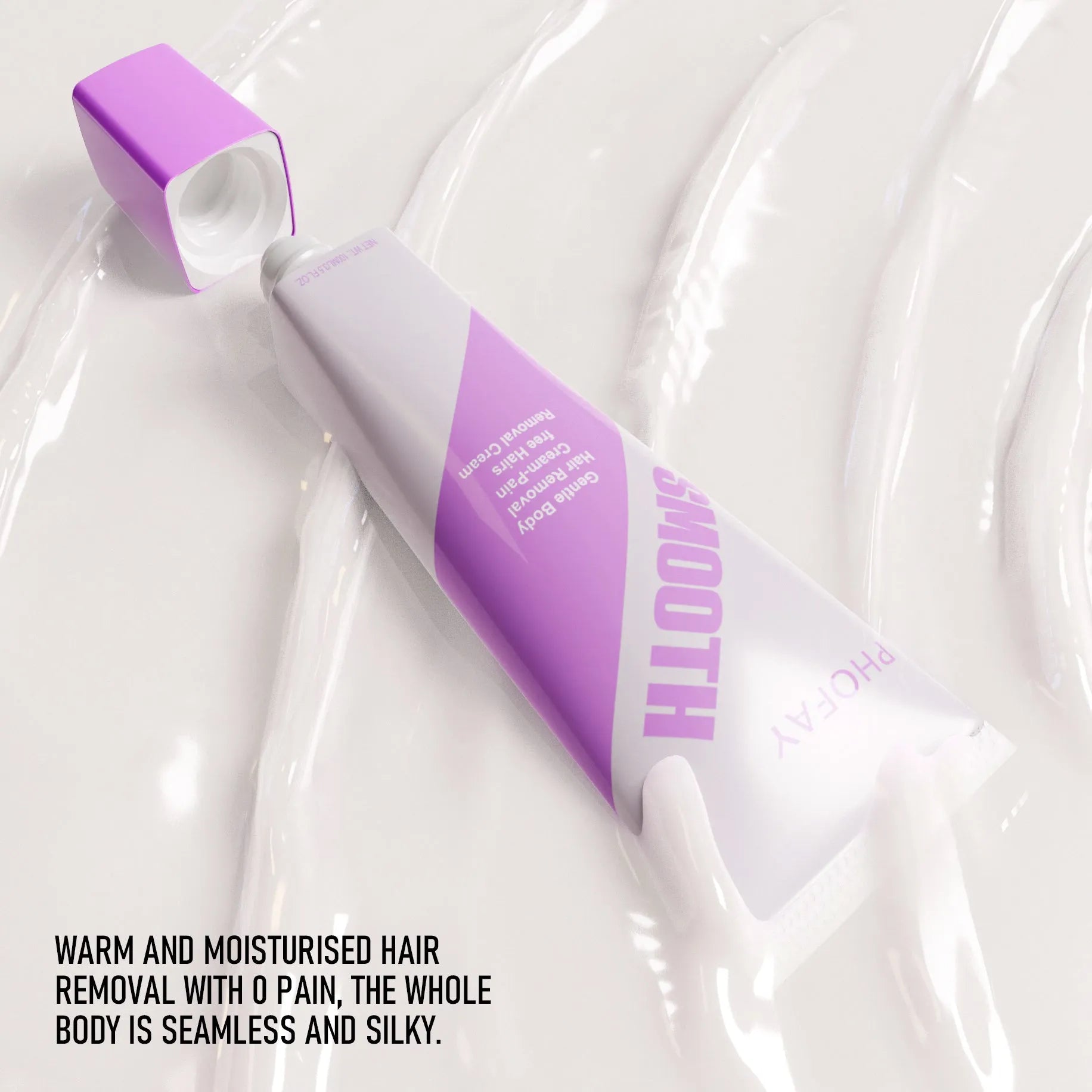 PHOFAY painless hair removal cream tube and included plastic scraper tool on a bathroom surface.