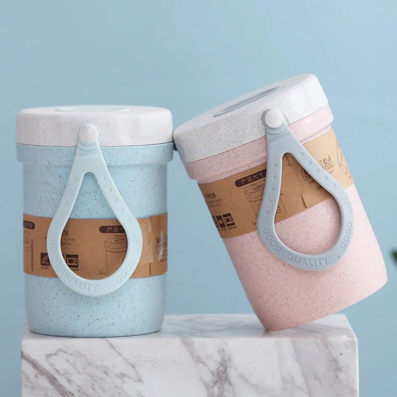 Portable wheat cup with silicone vent valve in Nordic blue, flour, and rice colours