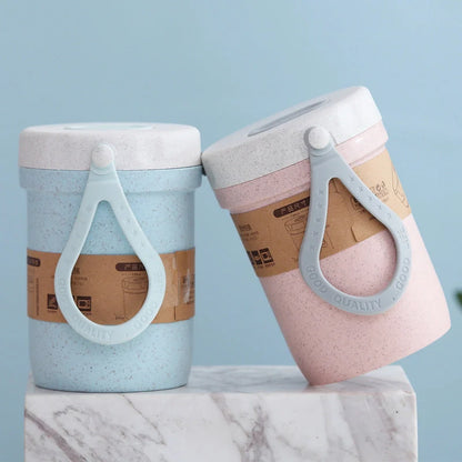 Portable wheat cup with silicone vent valve in Nordic blue, flour, and rice colours