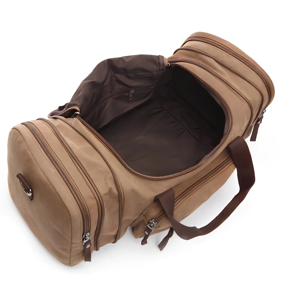 Men's canvas travel bag in army green with waterproof breathable canvas, soft handle, and cotton lining for dry travel packing