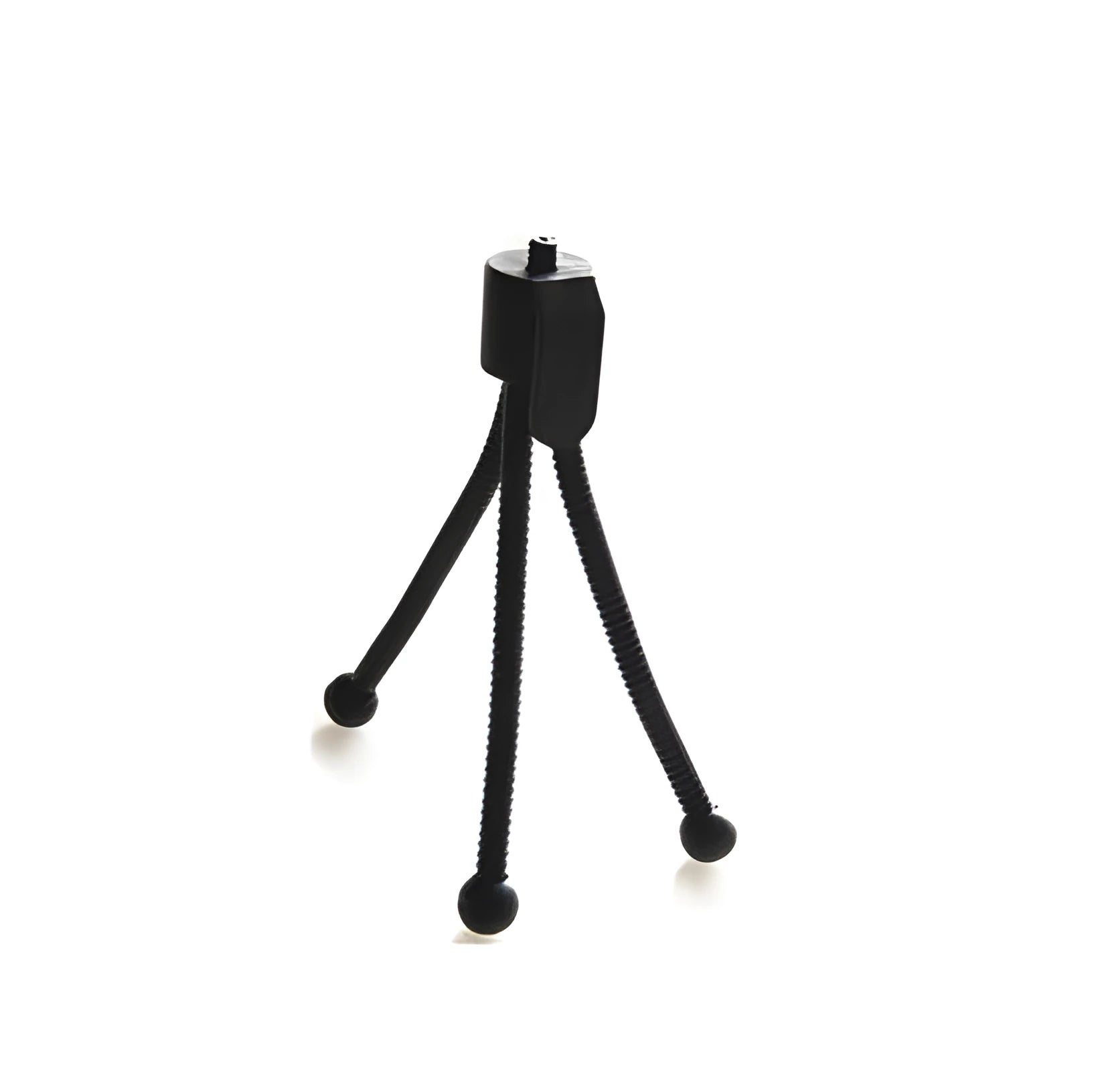 Compact silver metal mini tripod with ball head, shown folded next to an iPhone for scale.