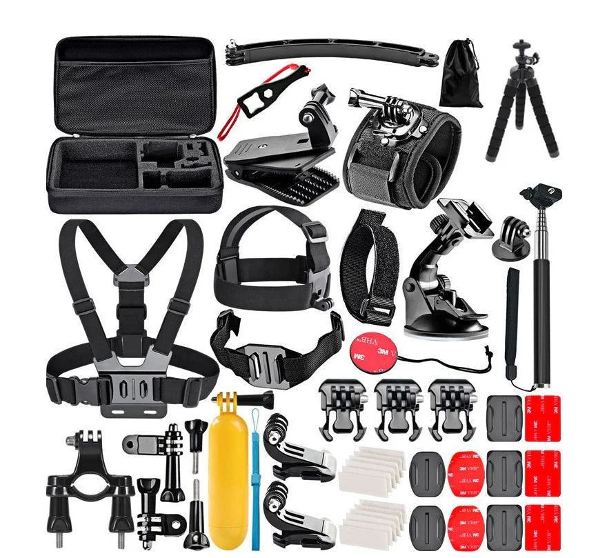 Black camera accessories kit with various mounts and straps for secure photography setup