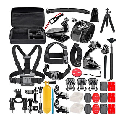 Black camera accessories kit with various mounts and straps for secure photography setup