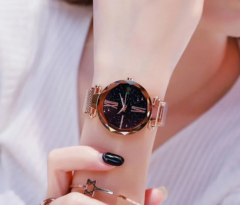 Starry Sky women's watch with magnetic mesh strap, alloy case, and glass surface, 34mm diameter