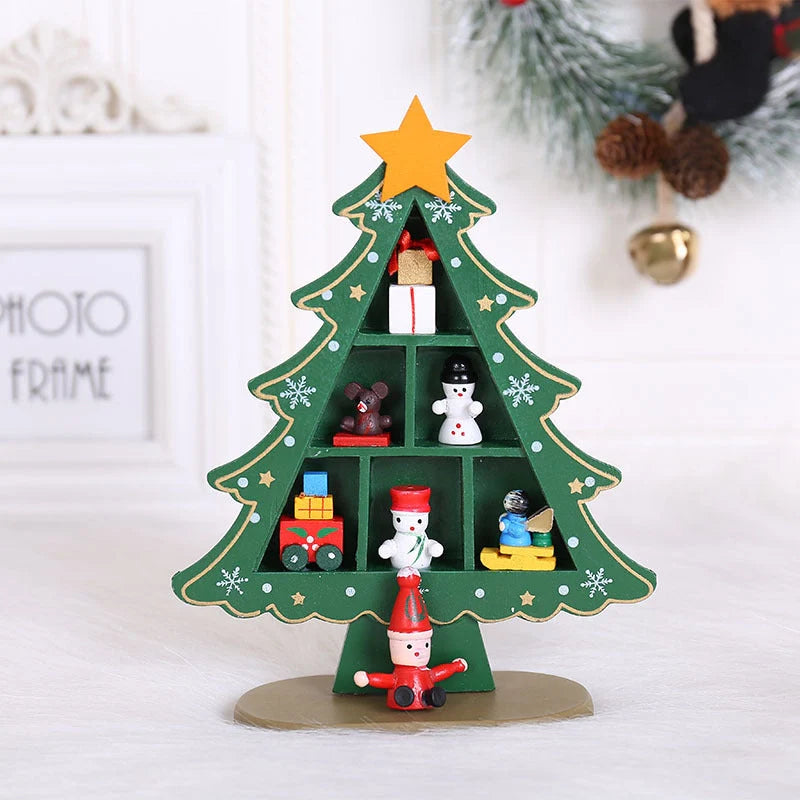 Wooden Christmas tree ornaments in red and green, perfect for festive decoration