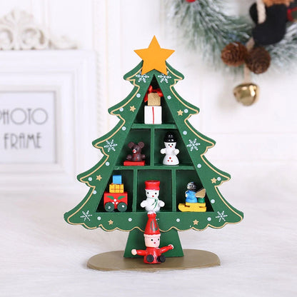 Wooden Christmas tree ornaments in red and green, perfect for festive decoration