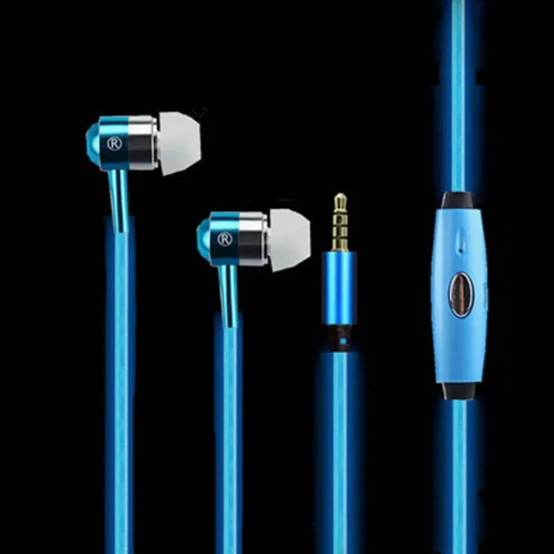 Blue Magic Light LED earphones with illuminated shells and a 3.5mm plug, showing the inline remote control.